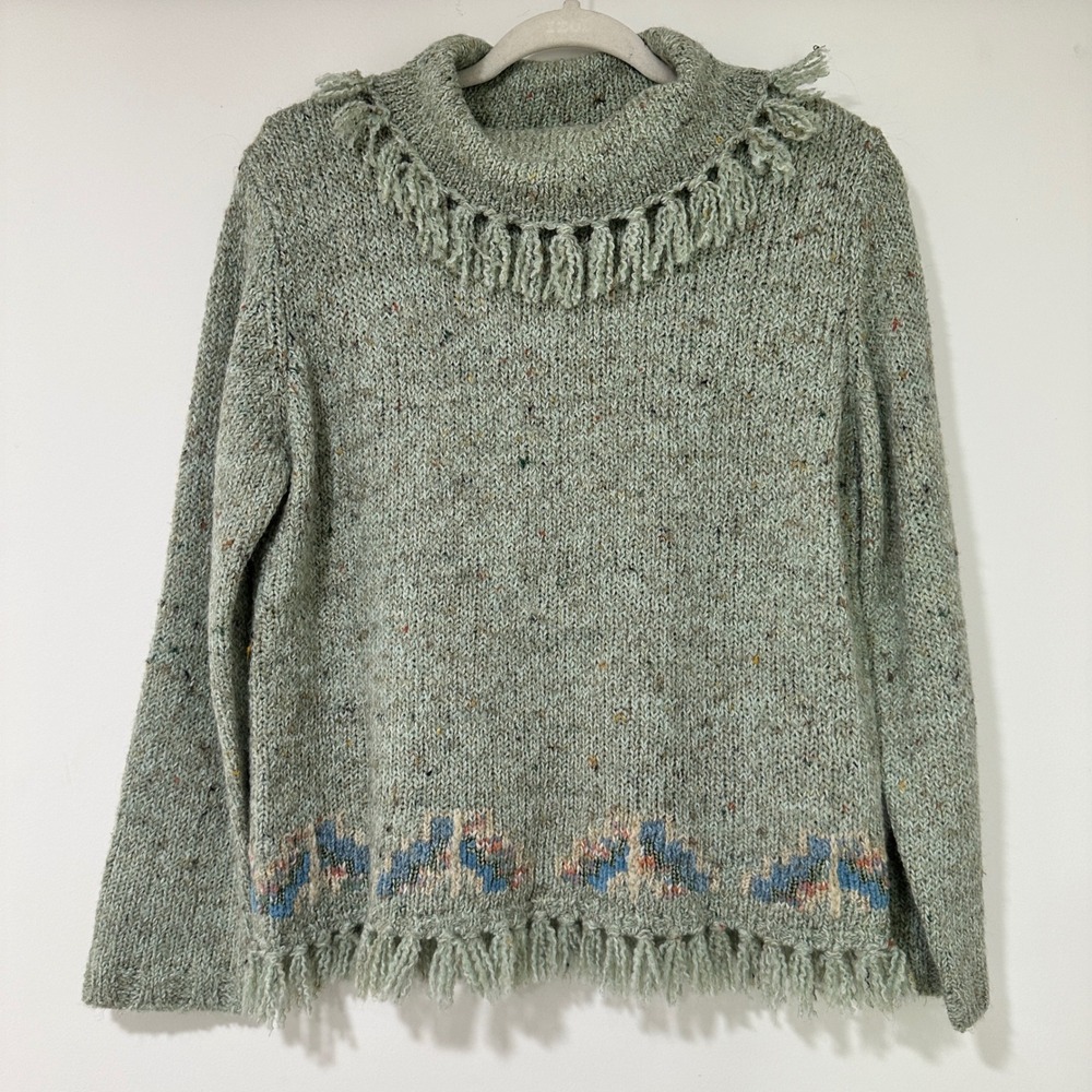 Monterey Petites Koret Sweater Womens Small Green Tweed Fringe Mock Neck Vintage